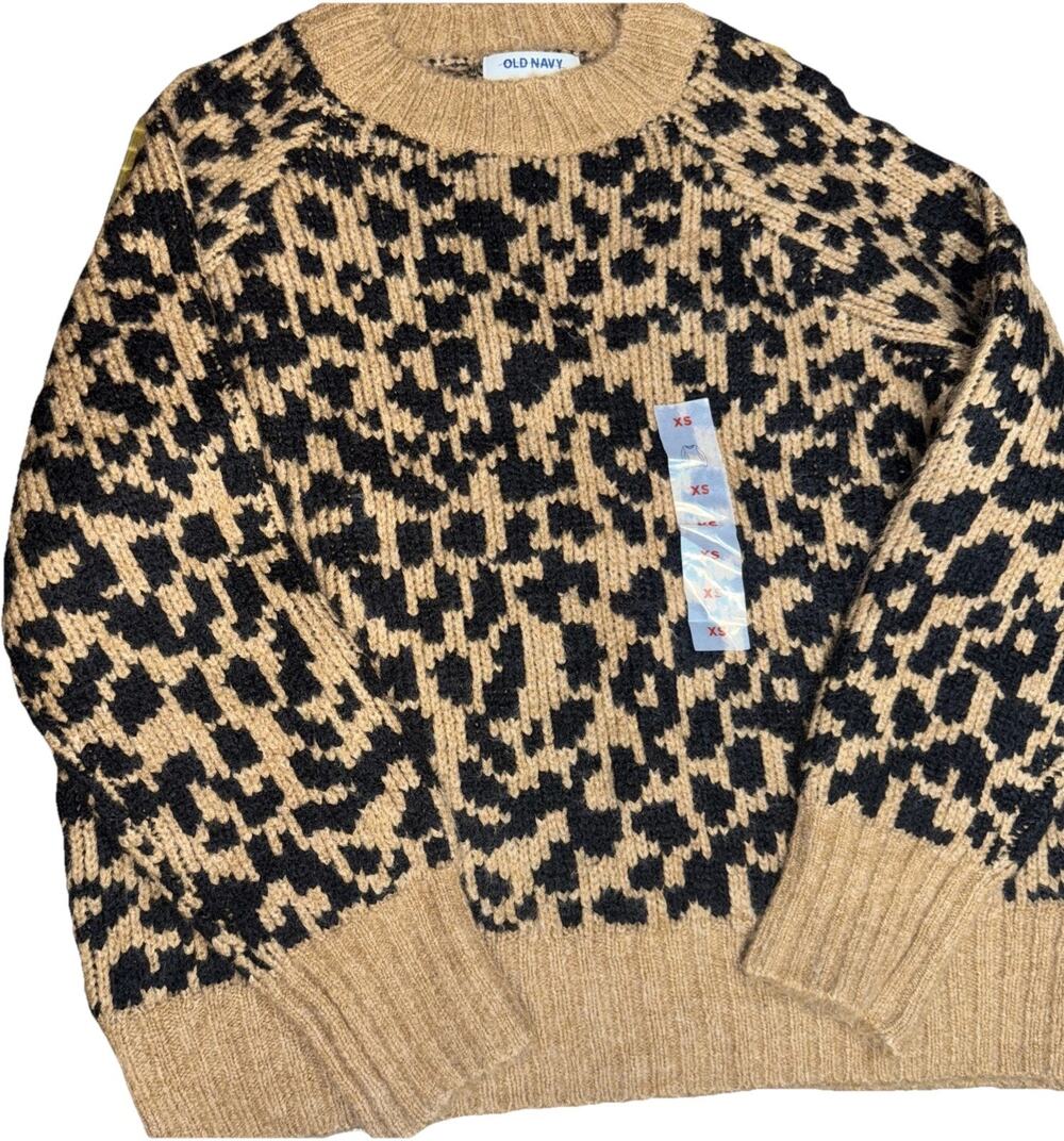 Old Navy Women’s XS Leopard Knit Sweater Brown Black Crew Neck Pullover